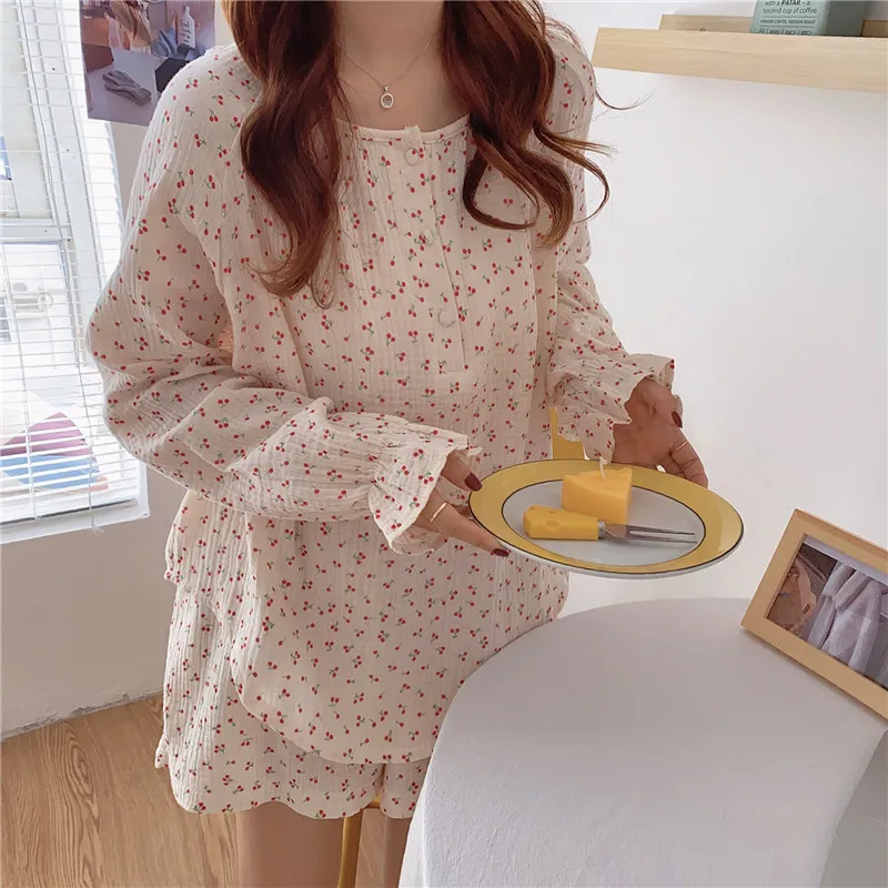 

2021 Korean Pajama Mujer Cherry Print Cotton Yarn Sleepwear Set Long Sleeve Top+Shorts Ruffle Homewear Skin-Friendly Breathable