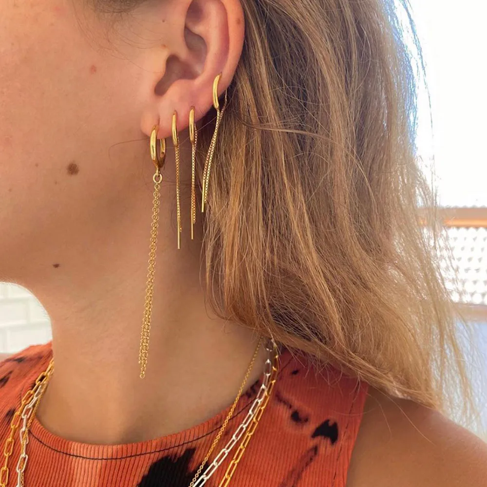 

925 Sterling Silver Gold Chain Piercing Drop Earring Long Chains Thread Pin Luxury Spain Rock Jewelry Ohrringe Pendiente