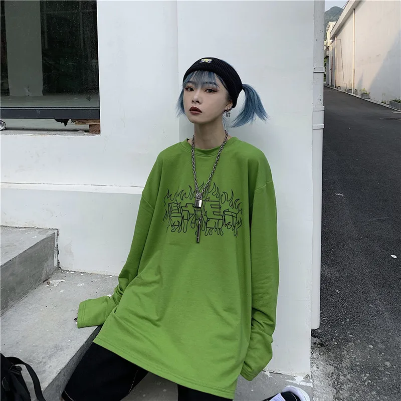 Lychee Harajuku, чистый цвет, длинный рукав, женская футболка, пламя, буквенный принт, осень, женская футболка, свободная, зеленая, женская футболка