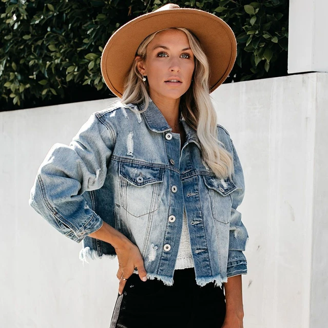 

Denim Jackets Women Ripped Hole Boyfriend Long Sleeve Basic Jean Coats Loose Autumn Short Płaszcz Outwear Chaquetas Mujer 2019