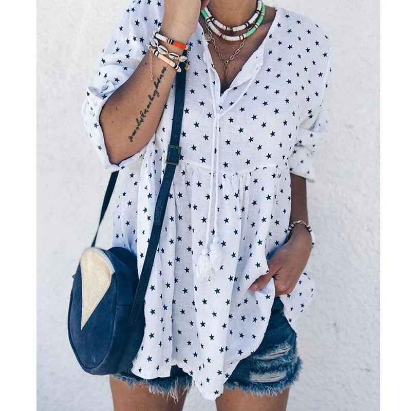 Модные плиссированные блузки с v-образным вырезом и принтом пентаграммы для