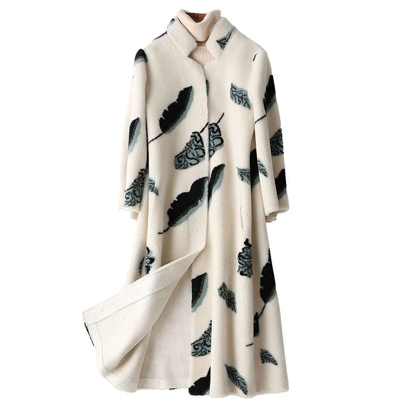 Elegant White Print Flower Real Fur Coat Office Lady Winter Wool Clothes Women Warm Jacket Middle Length Genuine Fur Overcoats