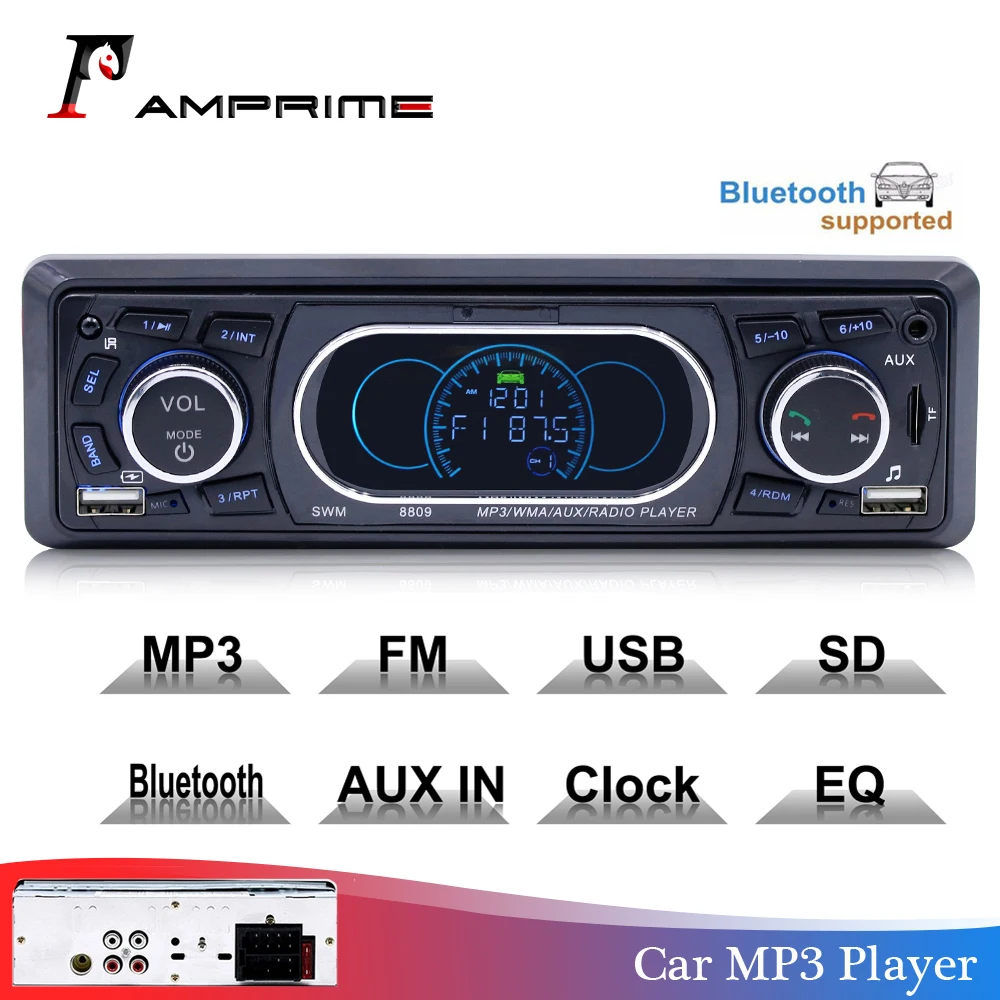 AMPrime 1din 12 в Bluetooth Стерео FM радио MP3 аудио плеер 5 в зарядное устройство USB SD AUX Автоэлектроника сабвуфер 1 DIN Авторадио