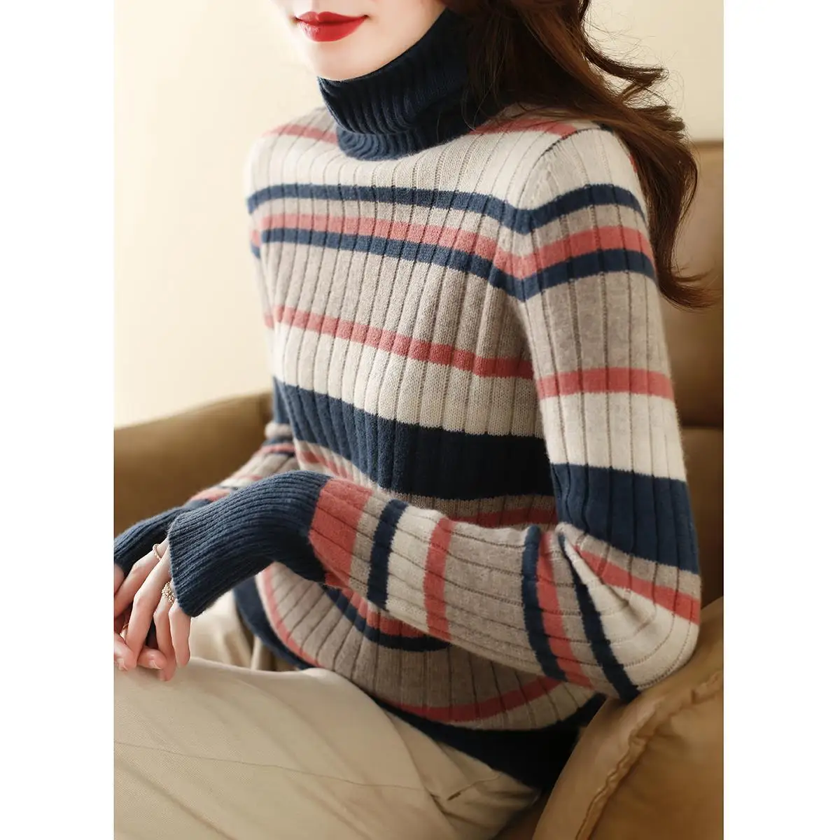 

Splicing Color Stripe High Neck Sweater Sweater Women's Autumn And Winter New Korean Loose Bottomed Shirt Top