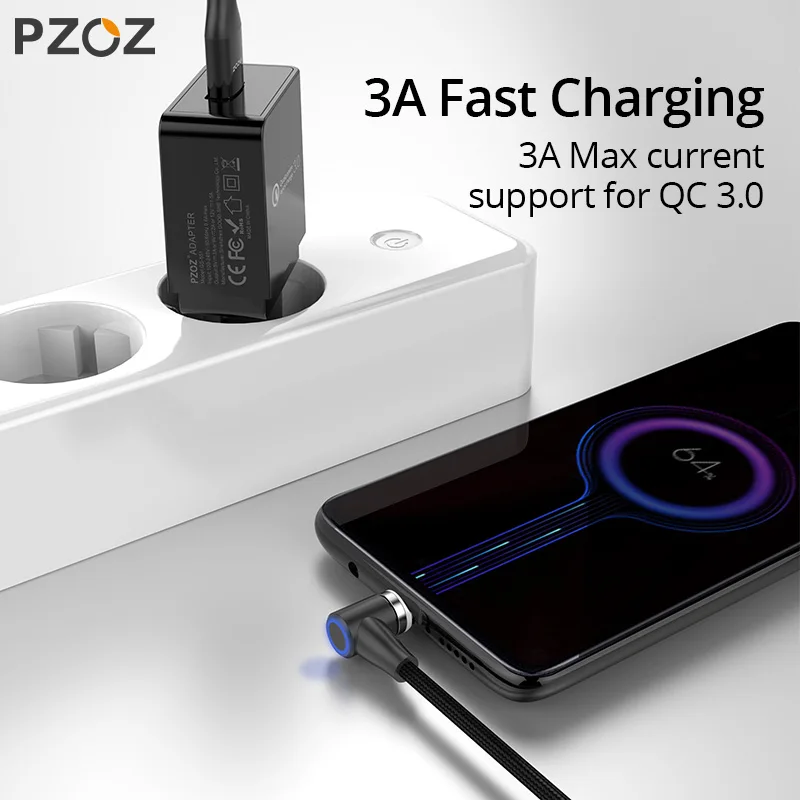 Магнитный кабель PZOZ 90 градусов usb c Micro usb type C для быстрой зарядки, магнитное зарядное устройство Microusb type-C для iphone Xs MAX xiaomi usb-c