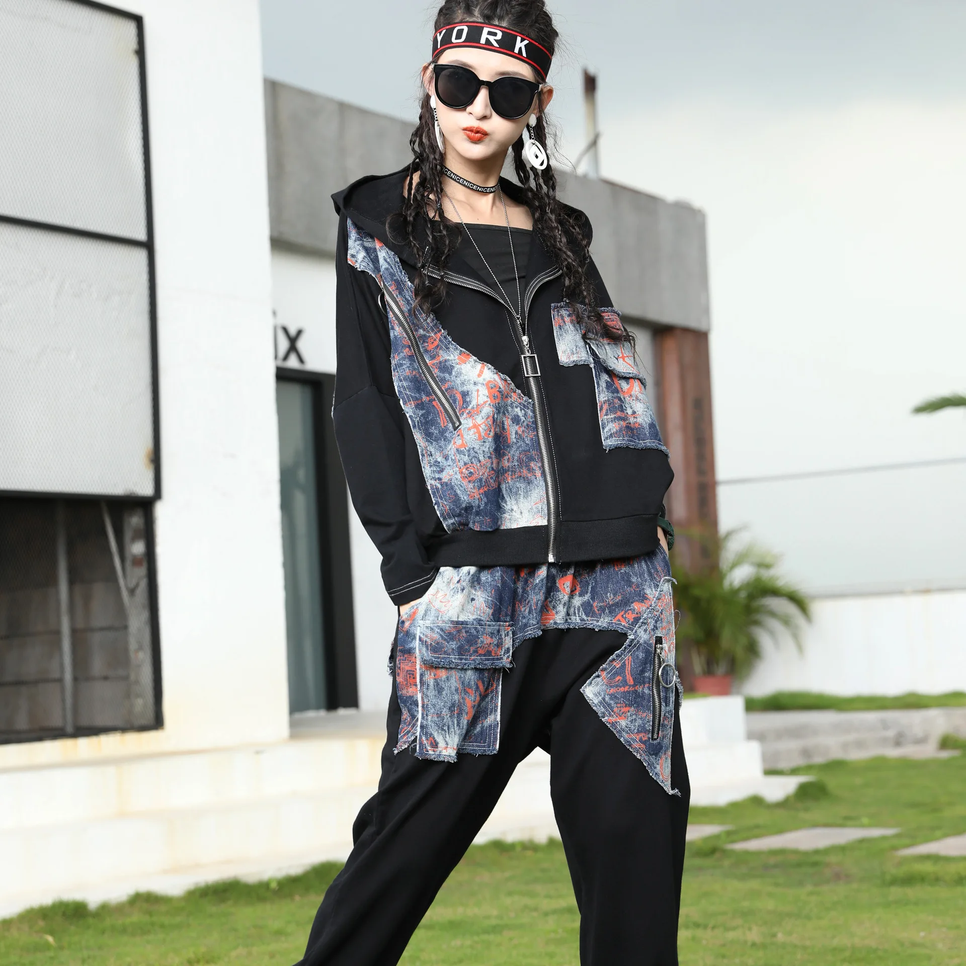 

Street plus size fashion casual suit women 2020autumn new Korean version of the patch hooded cardigan elastic waist corset pants