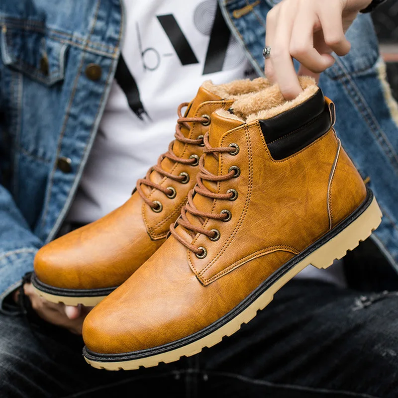 

New Quality PU Men Winter Leather Boots Fashion Short Plush Waterproof Ankle Bootie Male High-tops Shoes Martins Boots Promotion
