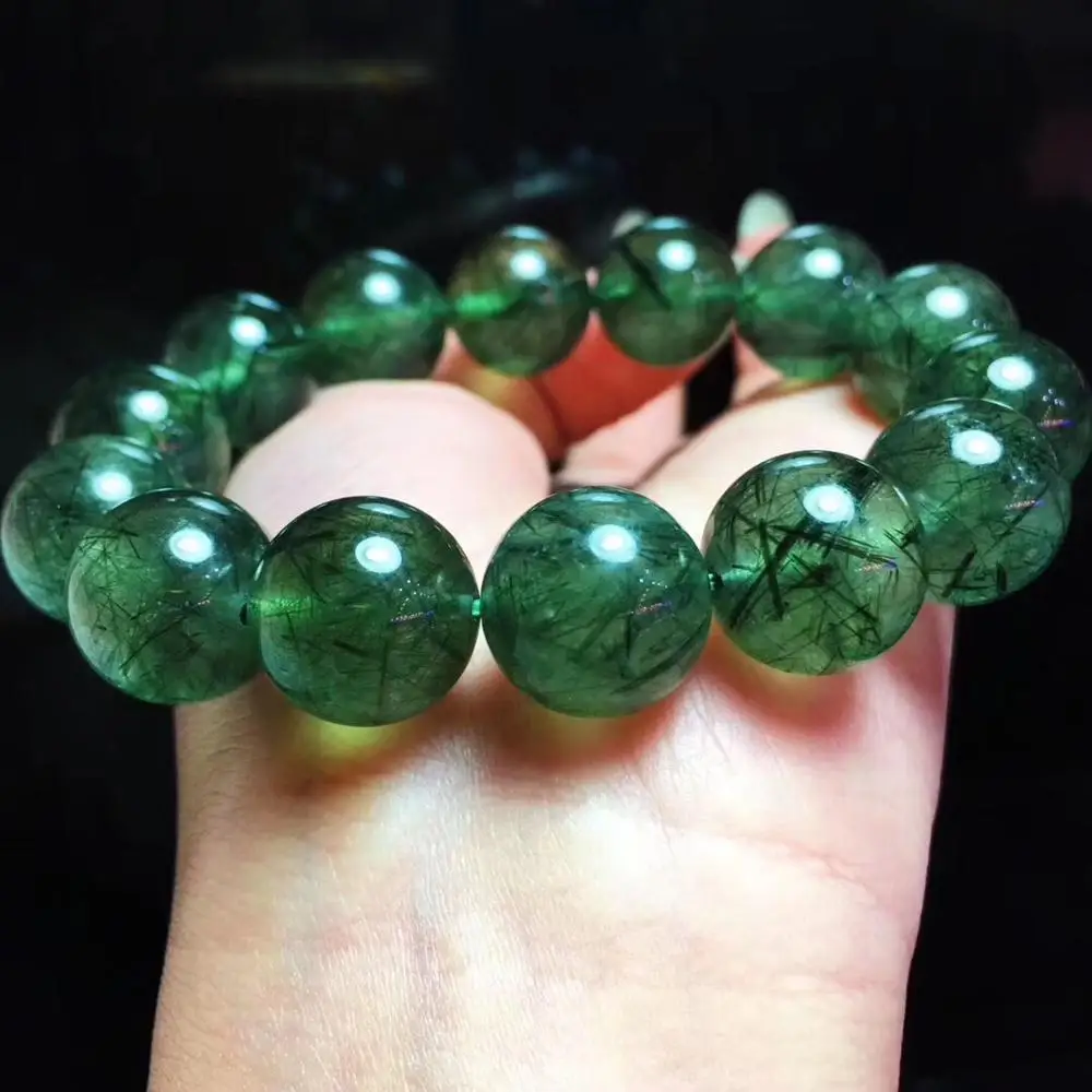 

14.5mm Top Natural Green Hair Rutilated Quartz Bracelet For Woman Brazil Round Beads Love Crsytal Gemstone Fashion Jewelry AAAAA