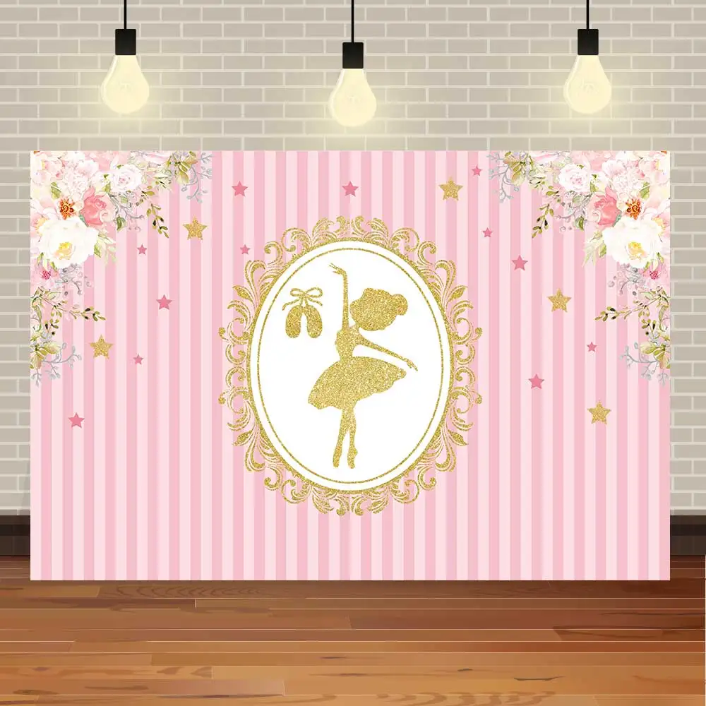 

NeoBack Happy Birthday Baby Shower Princess Ballet Girl Golden Flower Stripes Child Party Photo Backdrop Photography Background