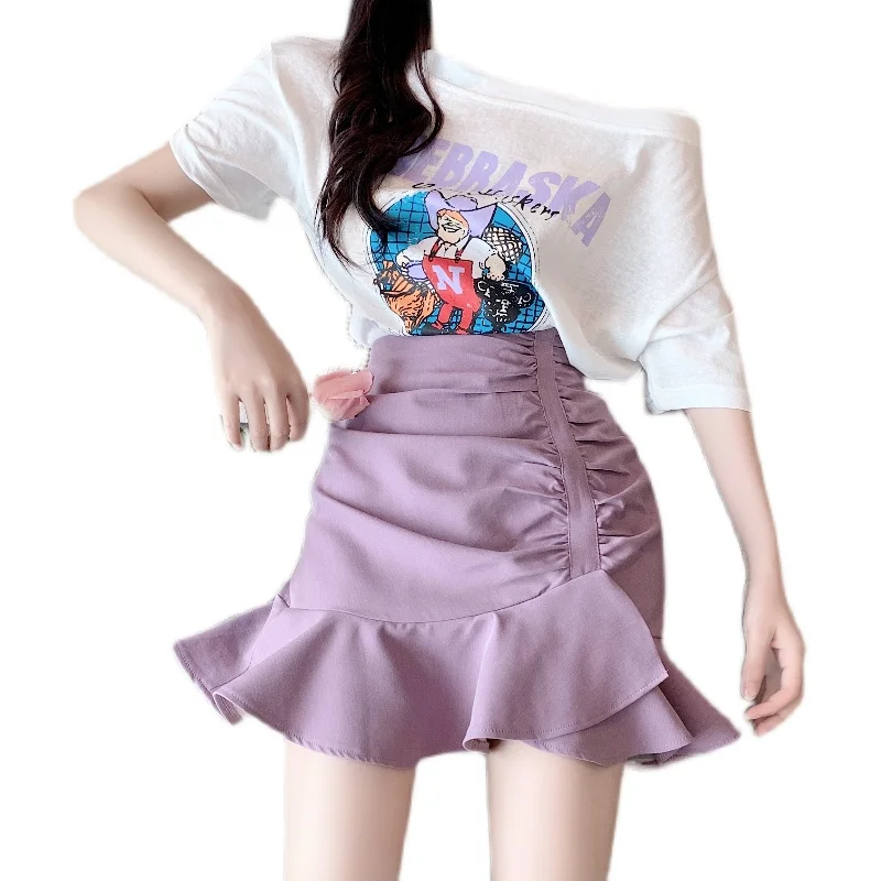 

2021 New Chic Lazy Style Fishtail Skirt Pastel Fashion Saia Midi High Waist Faldas Largas Mujer Bohemia Jupe Plissee Femme