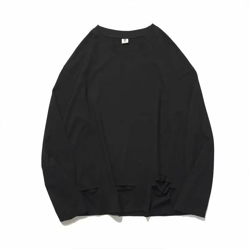 

Long-sleeved T-shirt Men's Port Fashion Brand Hole Bottoming Shirt Loose Men's Top Clothes Korean Trend Hip-hop T-Shirt Women