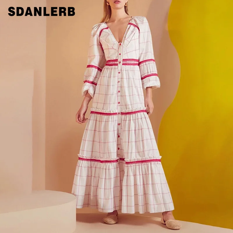 

Fashionable Plaid Maxi Dress 2021 Autumn New Lantern Sleeve Printing Single-Breasted V-neck High Waist A- Line Long Dress