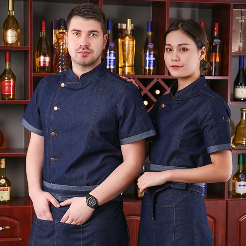 Для ресторана, кухни, с длинным рукавом, с коротким рукавом, цветная и термостойкая джинсовая форма шеф-повара, куртка повара с бесплатным фартуком - Цвет: blue short sleeve