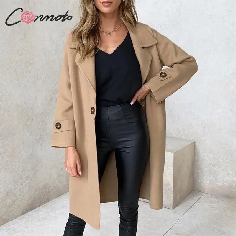 Conmoto, свободное, хаки, одноцветное пальто, смесь, для женщин, осень, зима, пальто для девушек, Тренч, элегантное, с отложным воротником, высокое, модное, длинное пальто