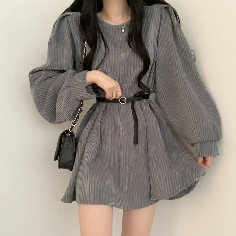 

Women Corduroy Dress Vintage Belt Slim Long Sleeve Mini Dresses Fashion Elegant Solid Round Neck Autumn Winter Streetwear Chic