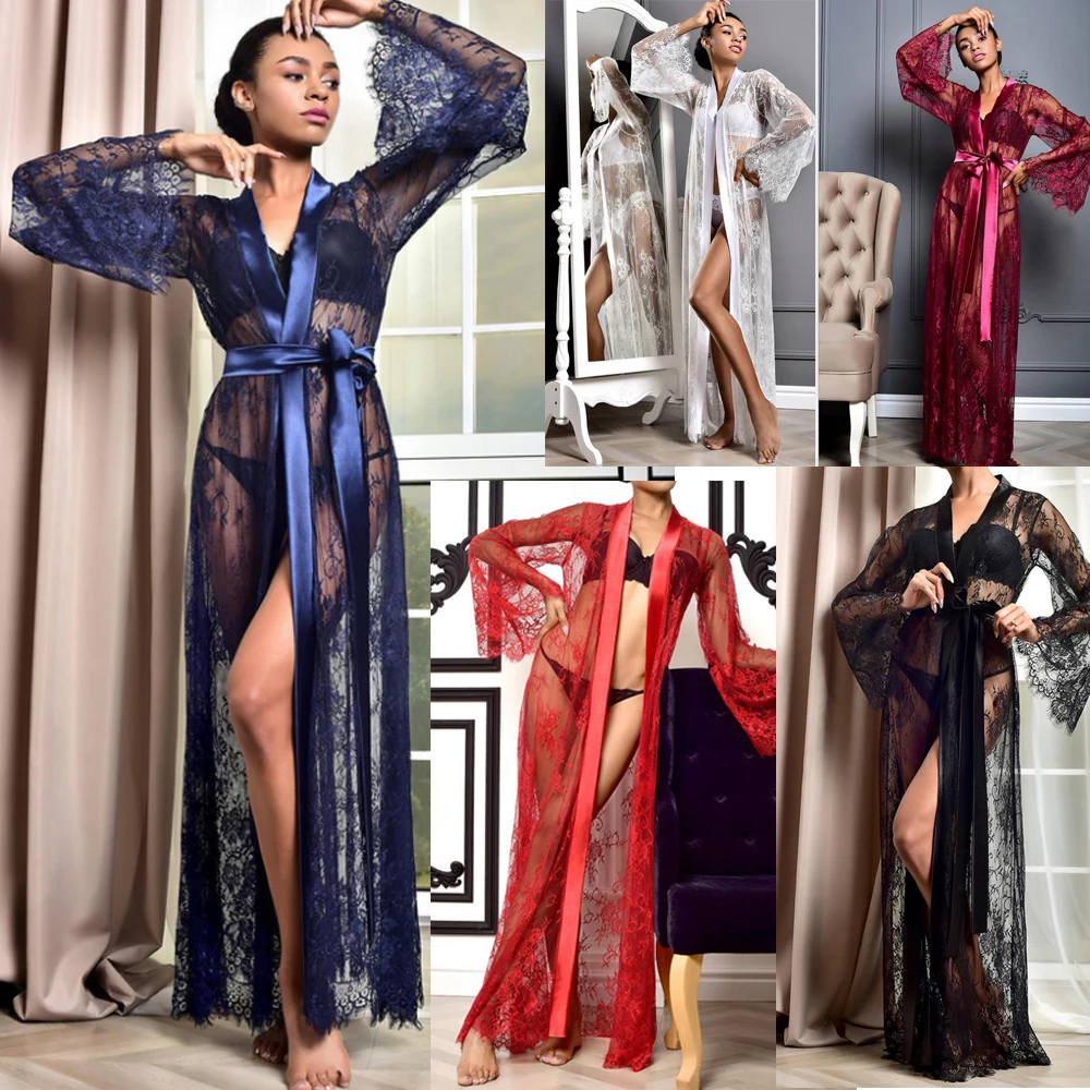 

Women Sexy Satin Lace Robe Sleepwear Nightwear See Through Long Robe Lace Up Kimono Gown Bathrobe Sleep Nightdress Femme Hot