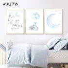 Слон, луна, воздушный шар, холст, плакат для детской стены, искусство, живопись, синий мультфильм, животные, принт, скандинавские дети, картина, декор для детской спальни