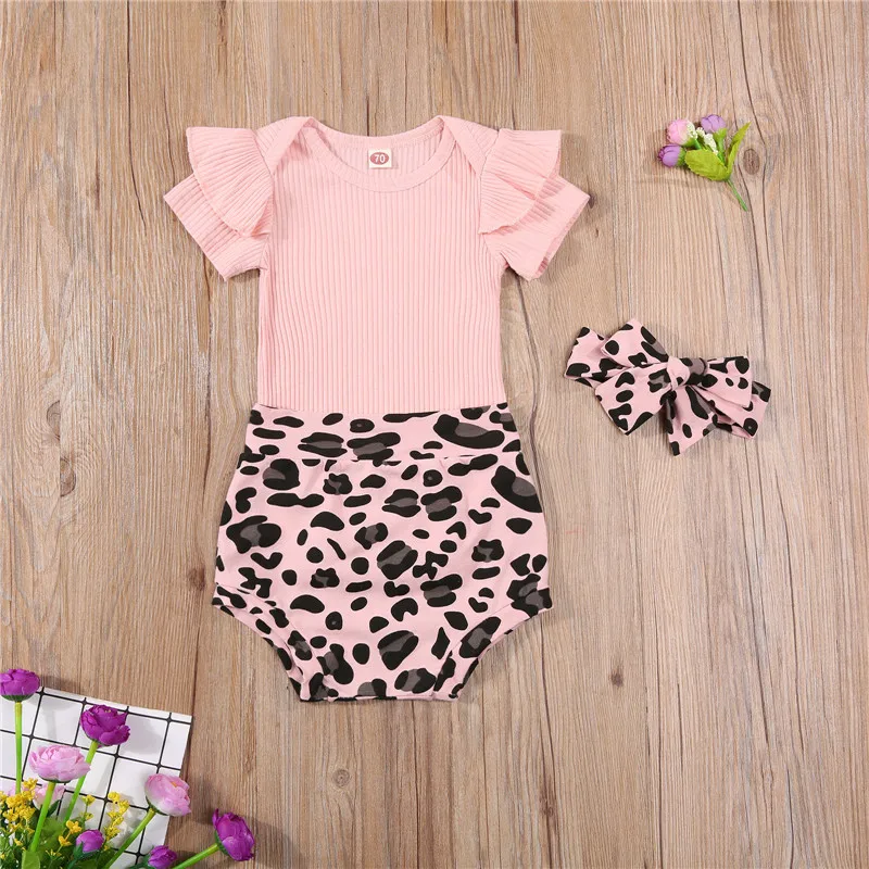 

0-18M Newborn Baby Girls Summer Clothing Baby Girls Short Sleeve Ribbed Bodysuit Leopard Printed Shorts Toddler Soft Outfits