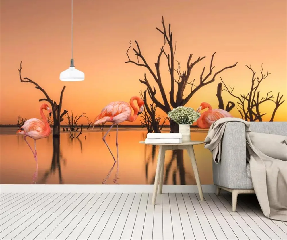 

Drop Shipping Custom Wallpaper Photo Mural Nordic Small Fresh Sunset Lake Dead Tree Flamingo Garden Wallpaper 3d Papel De Parede