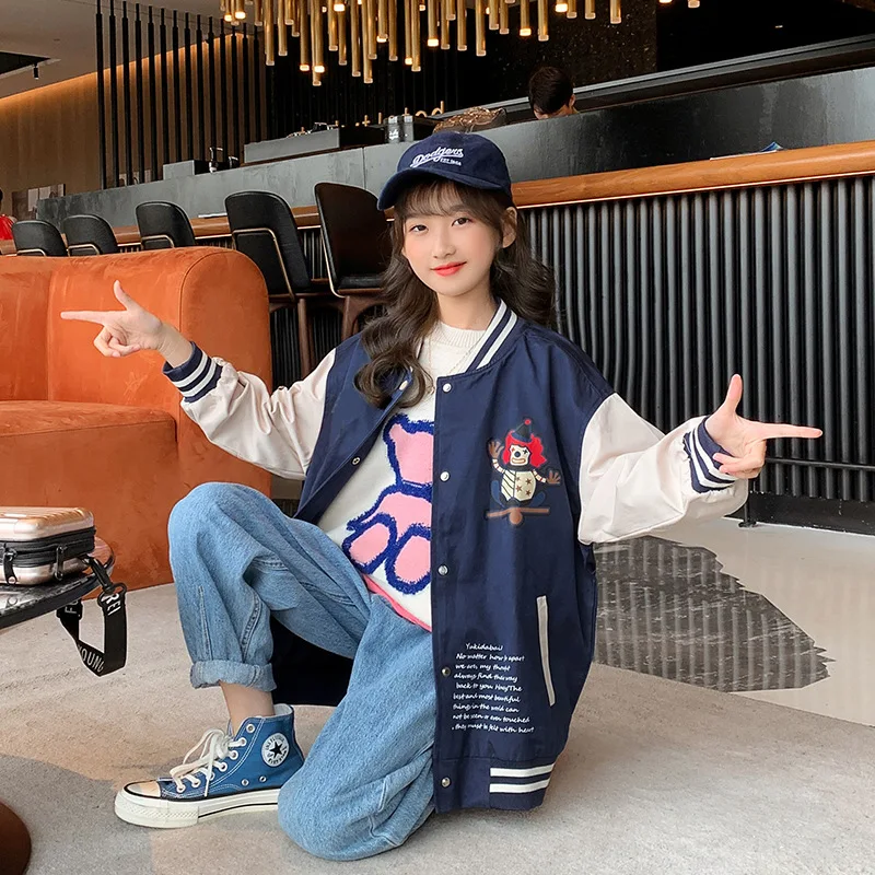 

Spring Fall Children Baseball Uniform Kids Girl Casual Sport Jacket Teenager Letter Cartoon Printing Outerwear 7 9 10 11 12 13 Y