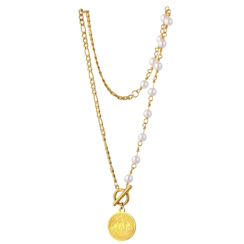 

316L Stainless Steel Fashion Simple Stitching Thick Chain Sail Pendant Personality OT Buckle French Pearl Necklace JewelrNo Fade