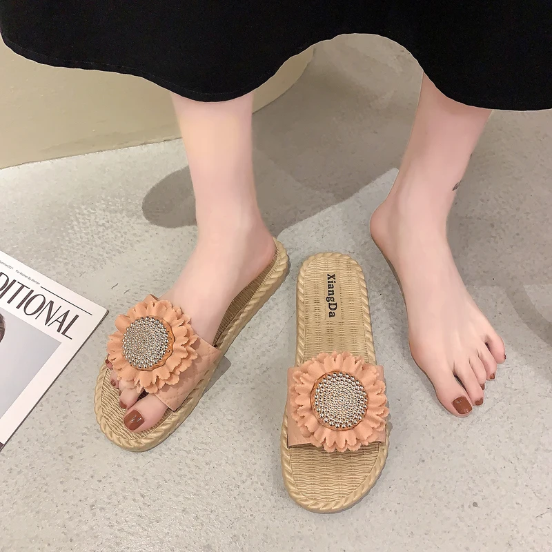 

Shoes Women Slippers Summer Pantofle Luxury Slides Low Flower Shale Female Beach Soft 2021 Designer Flat Sabot PU Floral Fabric