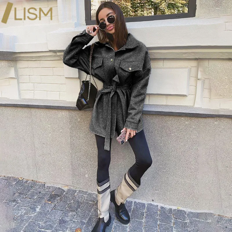

LISM Winter Loose Woolen Jacket Coat with Belt Vintage Long Sleeve Side Pockets Female Outerwear Chic Overcoat Fall Clothes