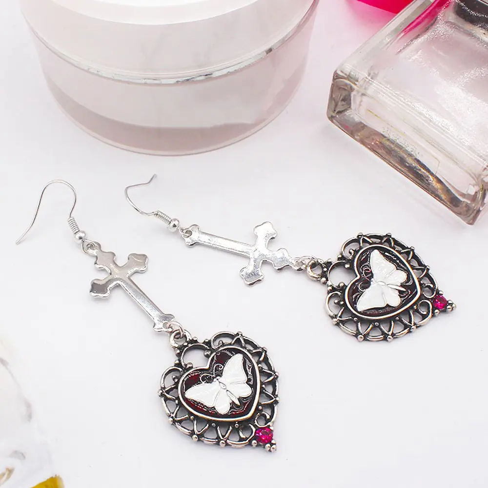 

1 Pair Vintage Cross Hollow Heart Butterfly Drop Earrings for Women Girls Fashion Personality Earrings Jewelry