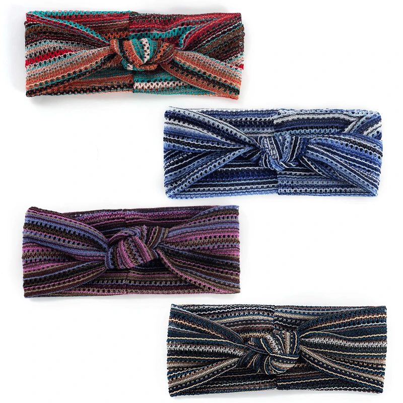 

Повязка для волос женская в богемном стиле, спортивный разноцветный обруч с полосками, с плетением, аксессуар на голову, летняя