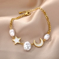 imitation pearl moon star charm bracelets for women girls gold color stainless steel female chain link bracelet wrist jewelry