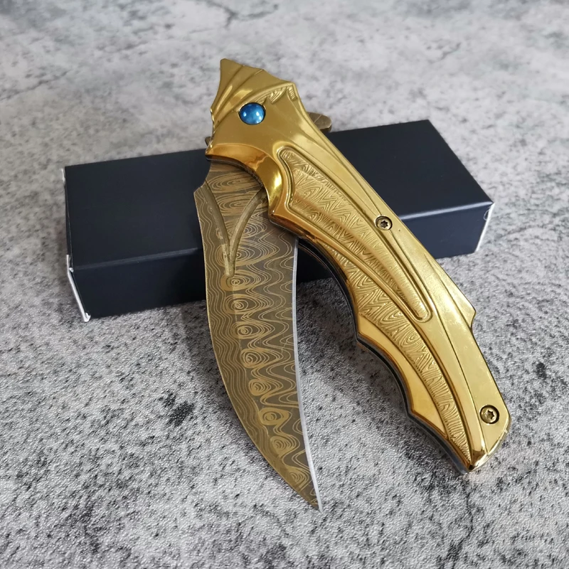 

Damascus Gold 9CR18MOV steel outdoor folding knife portable pocket knife quickly opens sharp outdoor rescue folding EDC tool