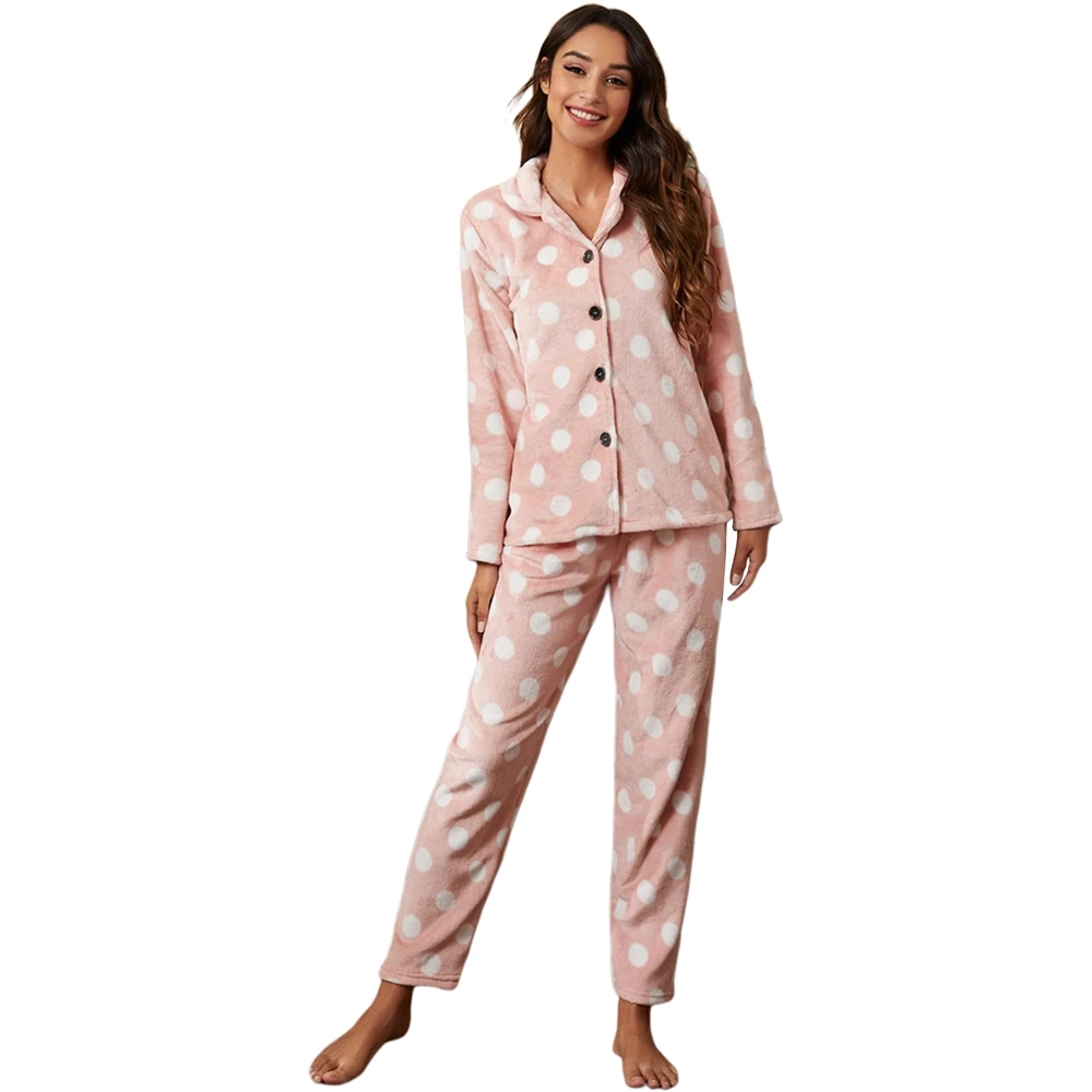 

Women's Pajamas Suit Polk Dot Warm Flannel Pajamas Sets Winter Flannel Women Female Sleepwear Thick Home Clothing
