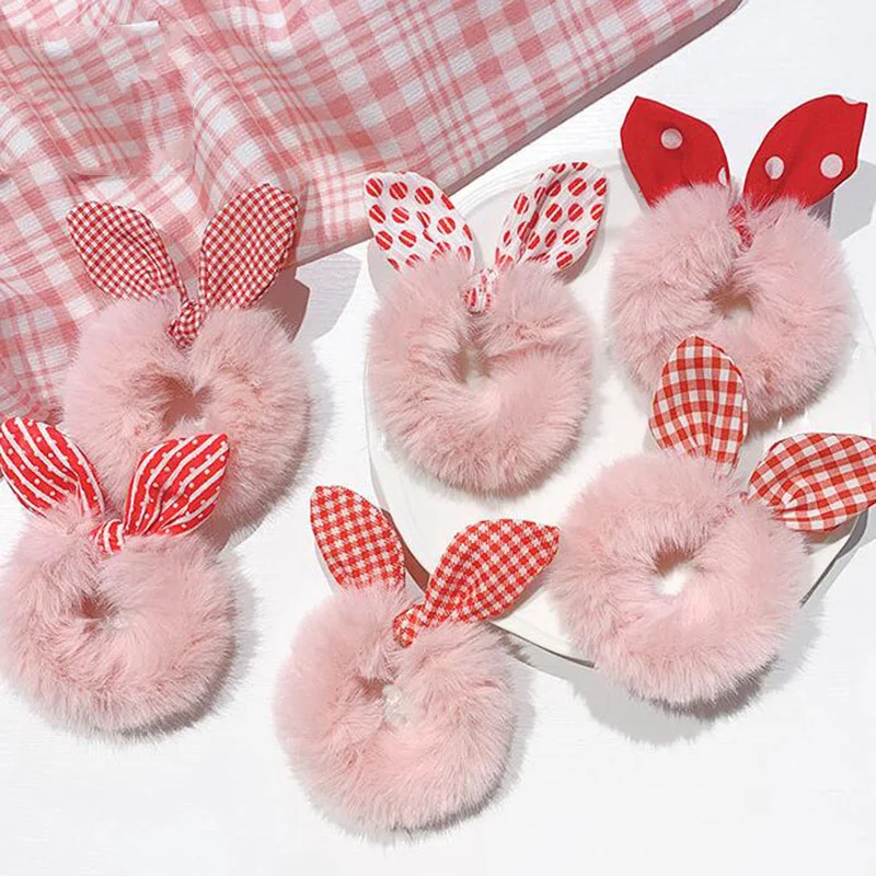 

Sweet Imitation Rabbit Fur Rabbit Ears Elastic Hair Bands Girls Women Fur Fluffy Hair Rings Plush Scrunchies Hair Accessories