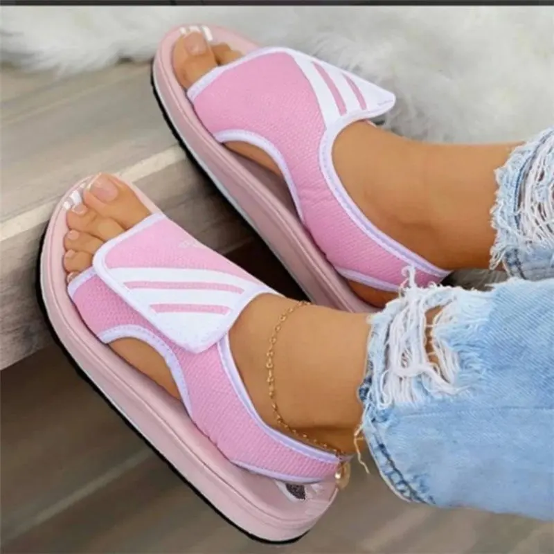 

Large 35-43 Classic Rubber Mesh Medium Heel Roman Shoes Open Toe Muffin Bottom Hook Loop Women's Sandals
