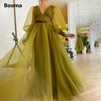 booma green organza prom dresses deep v neck long puff sleeves pleated evening dresses velvet belt a line prom gowns