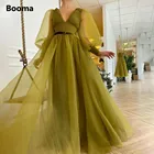 Женское Плиссированное вечернее платье Booma, зеленое плиссированное платье-трапеция с V-образным вырезом и длинными рукавами-фонариками, с поясом, для выпускного вечера, платья из органзы для выпускного вечера