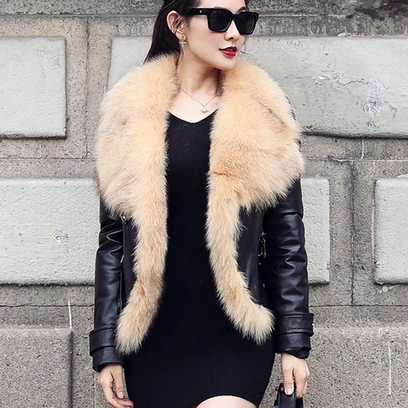 

Новинка 2019, осенне-зимнее пальто, женское модное короткое пальто с воротником из натурального Лисьего меха, облегающая куртка из овчины A056