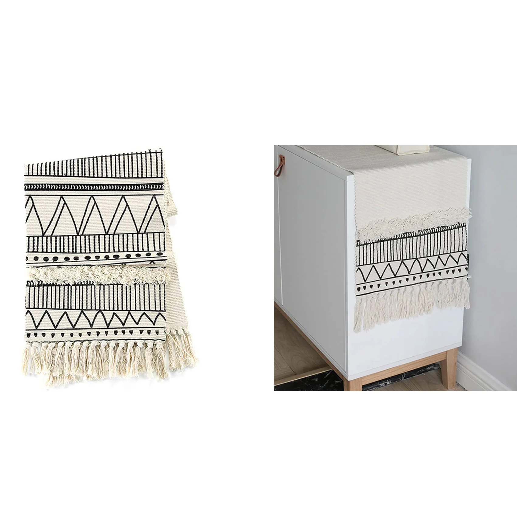 

Moroccan Fringe Table Runner, Bohemian Geometric Cotton Fabric Handmade Woven Tufted Tassels Farmhouse Table