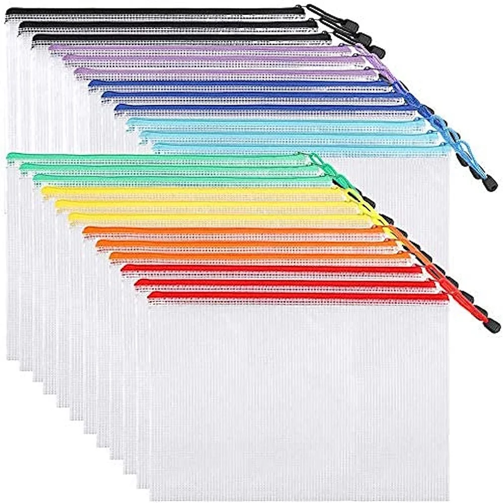 

24pcs Mesh Zipper Pouch Document Bag Plastic Zip File Folders Letter Size/a4 Size For Office Supplies Makeup Bags