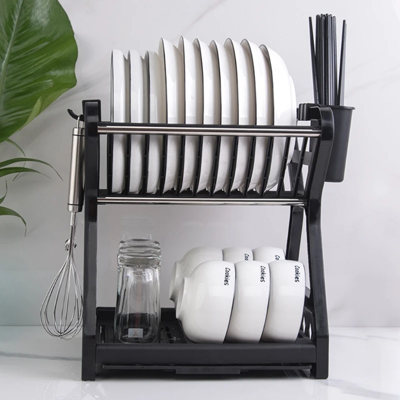 

Double-layer Kitchen Dish Bowl Draining Storage Rack with Chopstick Cage Household Tableware Organizer Tray Box Basket