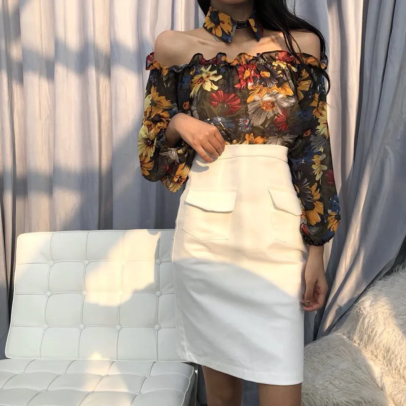 

2021 New Sexy Slash Neck Off Shoulder Blouse Women 2021 Spring Summer Flower Shirts Long Sleeve Blusas Vintage Lady Tops K312