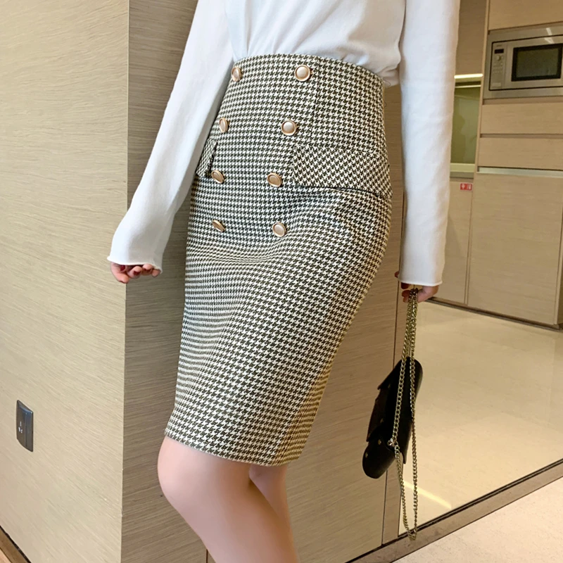Woolen Double Breasted Skirt Winter Women Vintage Plaid High Waist Femininas Sheath Package hip houndstooth | Женская одежда