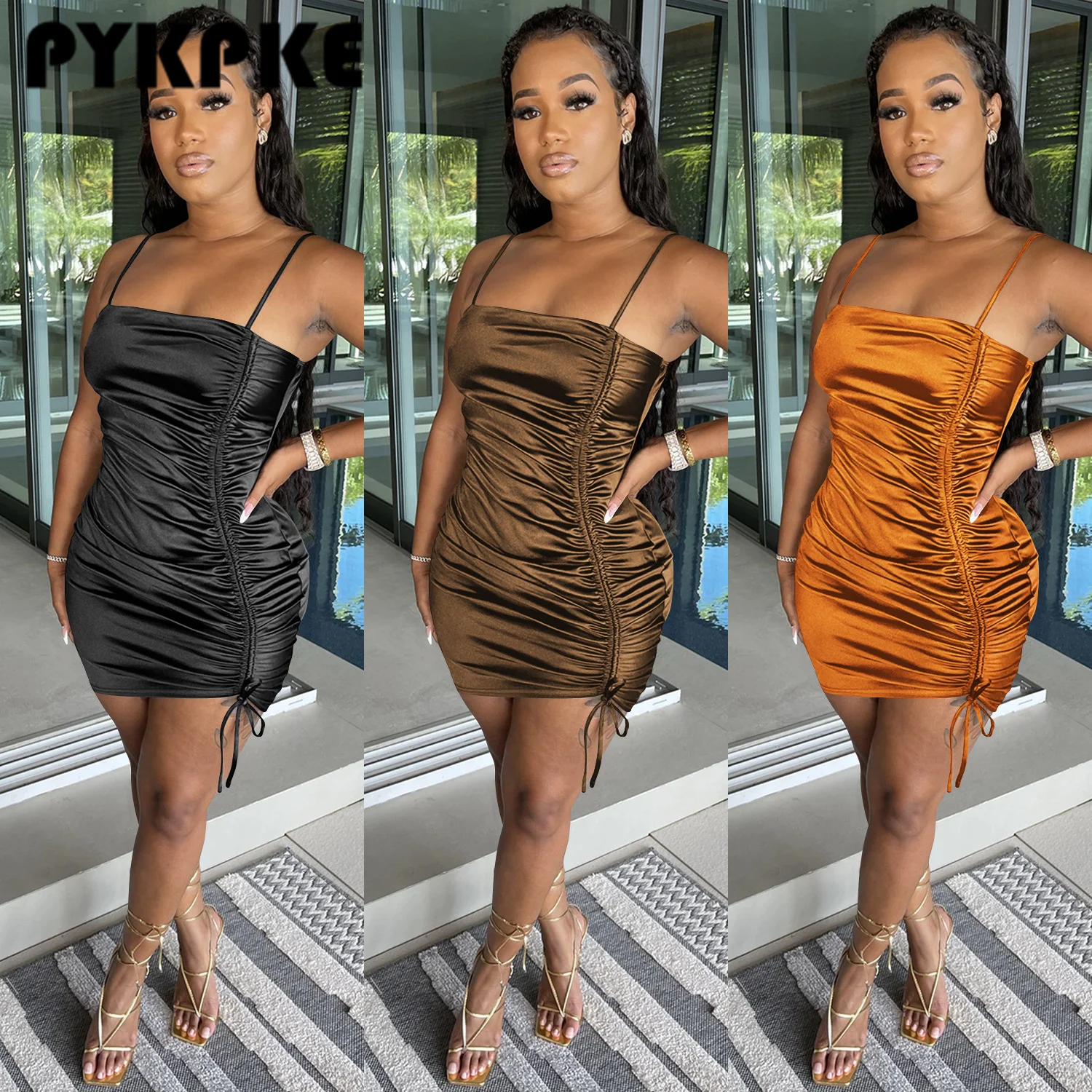 

Women Sleeveless Dress Sexy Zipper Shoulder Strap Pleated V-neck Backless Female Mini Dresses