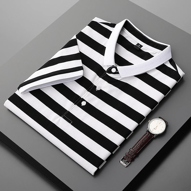 

2021 New Men's Summer Fashion Business Slim Fit Cotton Polo Shirt Men Striped Shirt Thin Casual Embroidery Polo Shirt Tops