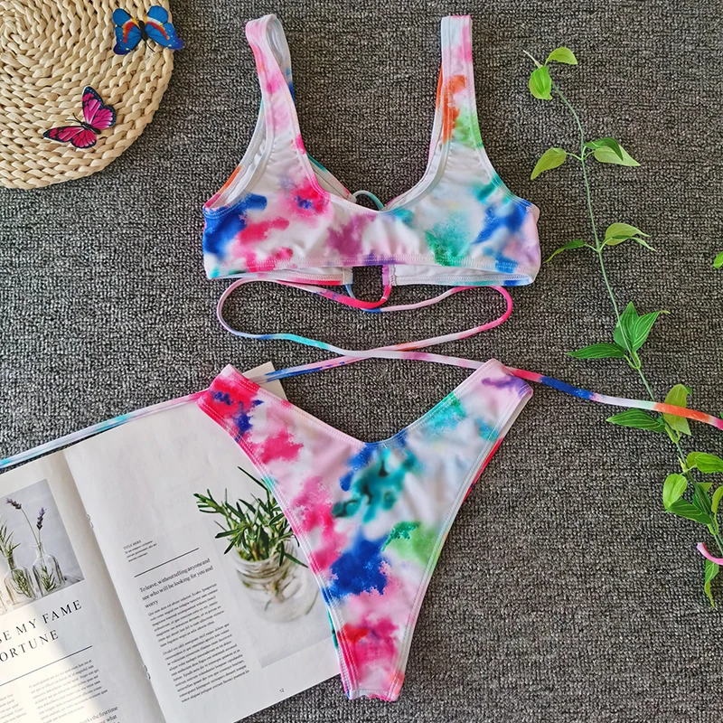 

AGOUTI Sexy Printed Tie Dye Bikini set Swimwear Women Hollow Out Bandage Swimsuit 2020 Female Push Up Bathing Suit Beach Wear