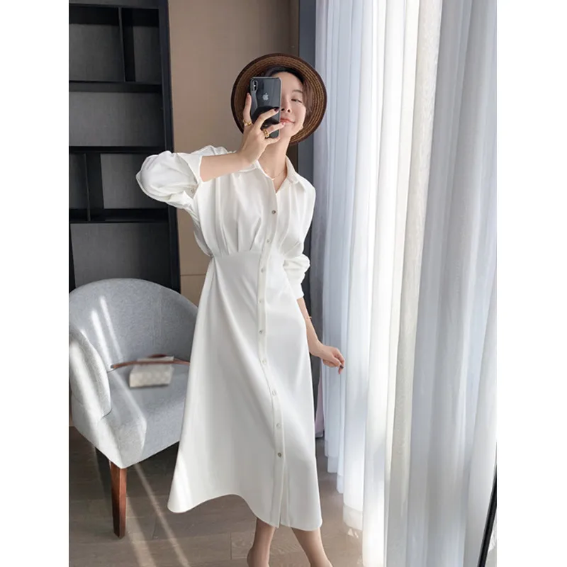 

Jellyfish white shirt dress, design sense, small waist, thin a-line long skirt female spring and autumn
