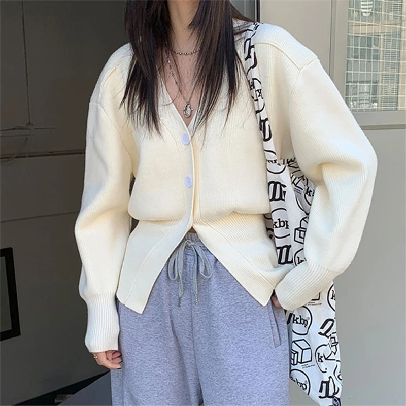 

V-neck Single Breasted Cardigan Women Long Sleeeve Korean Style Sweater Women Knitted Cardigan Casual 2021 Autumn
