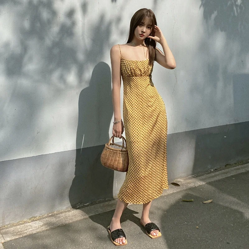 Женское длинное платье с принтом сексуальное без рукавов на бретельках летние