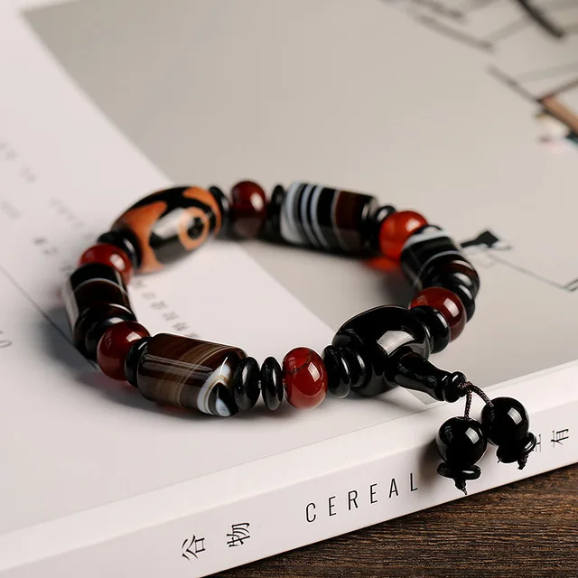 

Natural Tibetan rough stone old Dzi Bead Bracelet Three Eyes Nine Eyes Agate Genuine Men and Women Bracelets 13*17mm