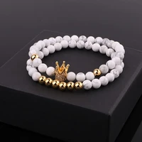 dropshipping new design natural stone cz pave crown charm elastic bracelet set men women jewelry gift